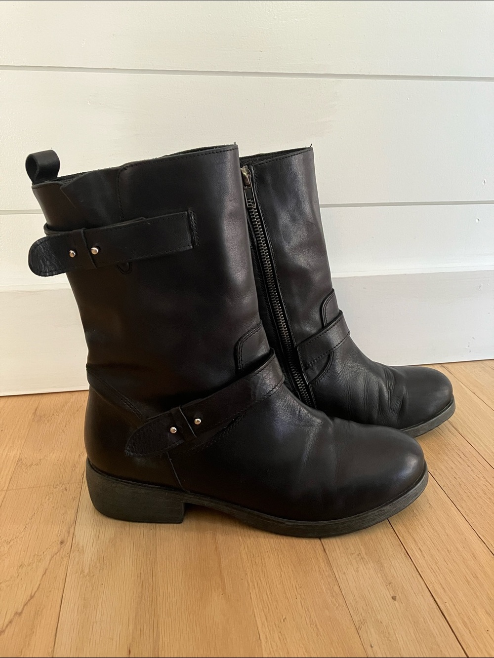 Avellini biker Black Leather Mid-Calf Women's Boots 8